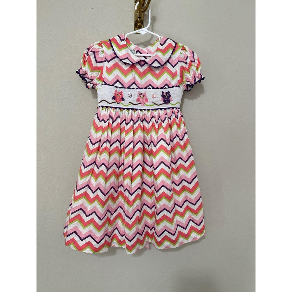 Marmellata Smocked‎ Owl Dress Kids Size 6 Multicolor Chevron Ric-Rac Trim